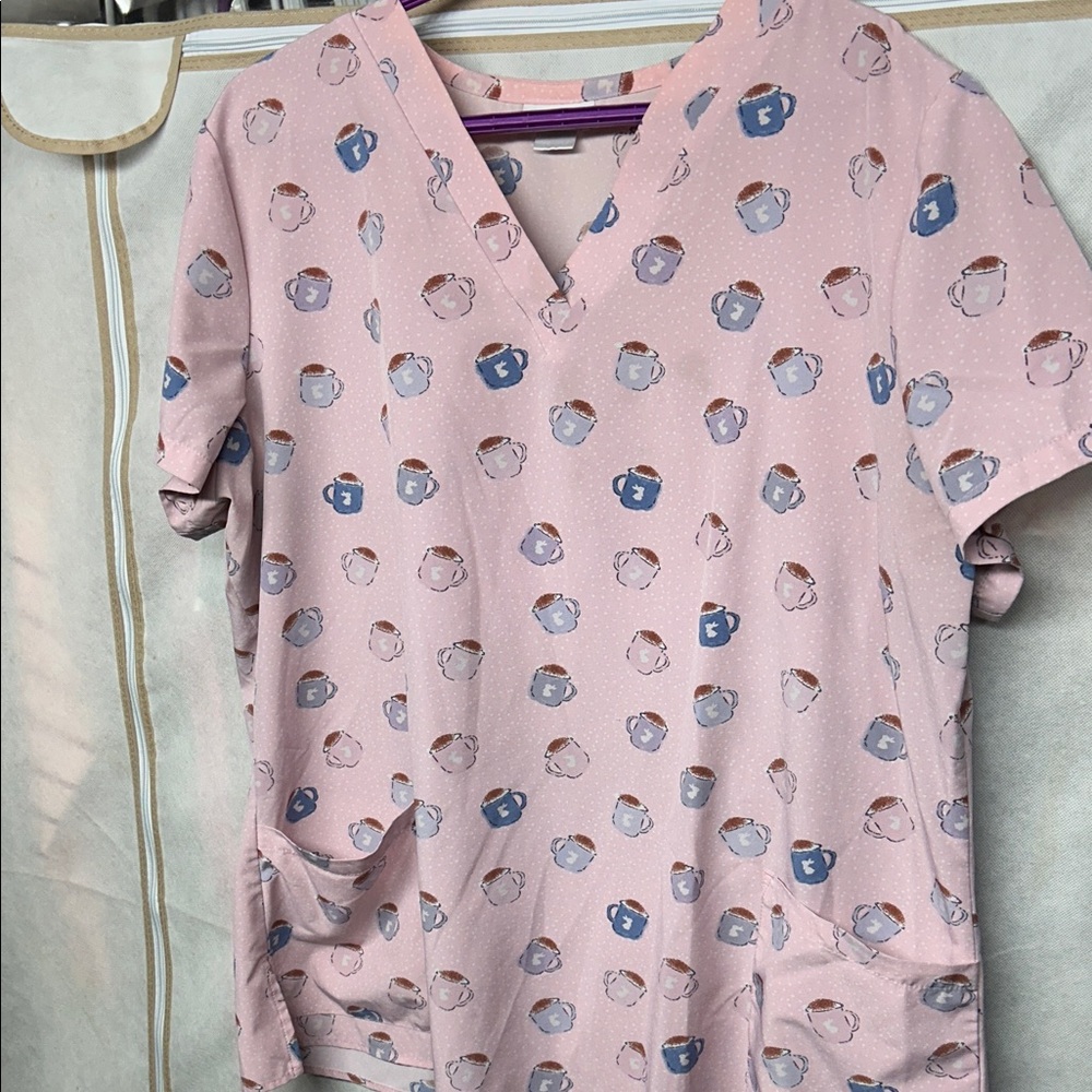 Pink Scrub Top with Bunny’s, Coffee Cup Print